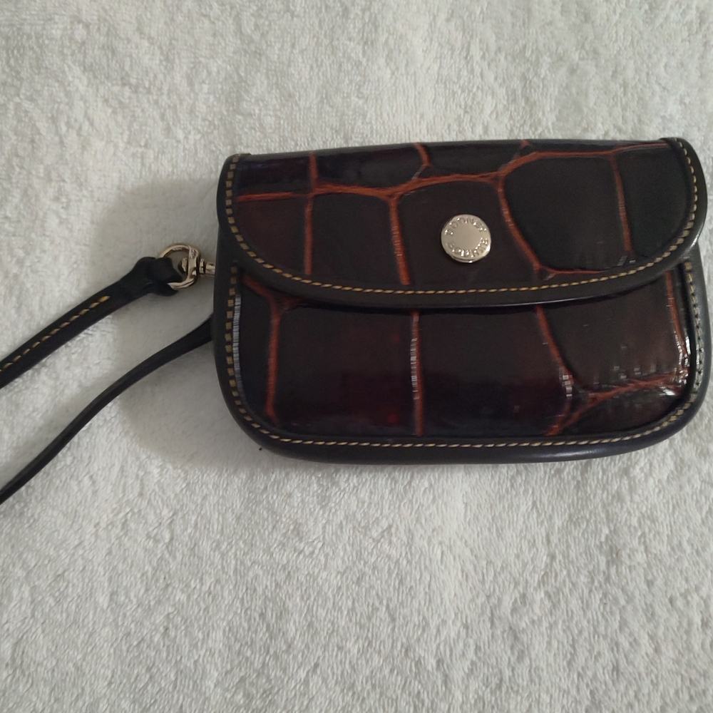 Croc-Embossed Black and Brown Wristlet Clutch
